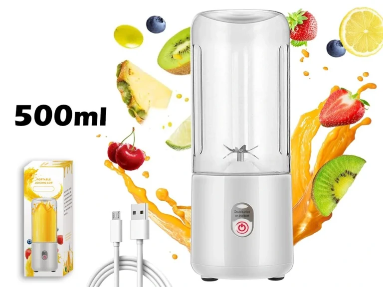 A compact,New Portable Blender Juicer showcasing its six stainless steel blades, ready for blending on the go.