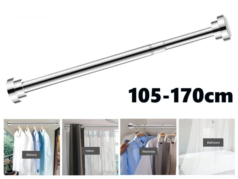 New wardrobe rail clearance multipurpose tension wardrobe rail clearance, with large anti-slip rubber ends, used for hanging clothes or curtains.