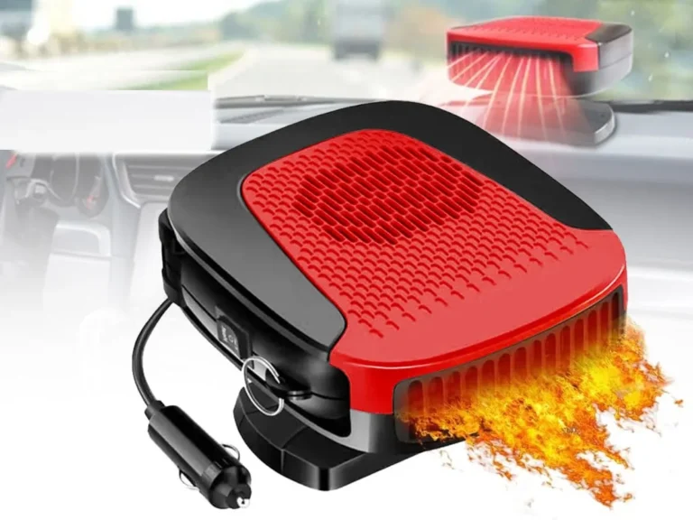 Portable Car Heater 12V: Compact black car heater with fan function, plugs into cigarette lighter socket for personal warmth.