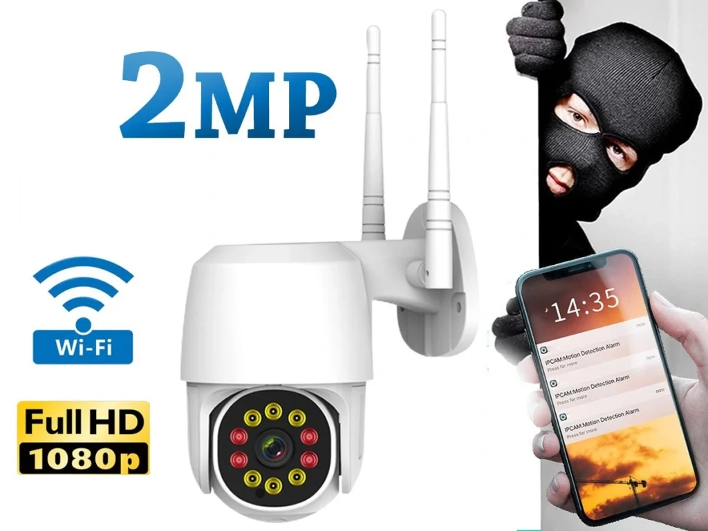 Wireless Security Camera 1080P Full HD with Pan/Tilt/Zoom, night vision, and two-way audio for home monitoring.