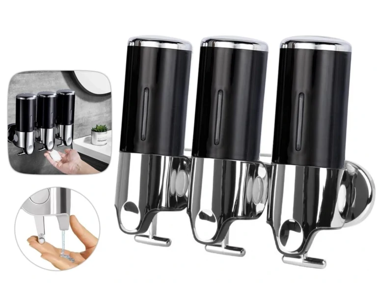 New Bathroom Liquid Soap Dispenser Clearance: Triple-headed wall-mounted, pull-and-press dispenser in black and chrome, ideal for various liquids.