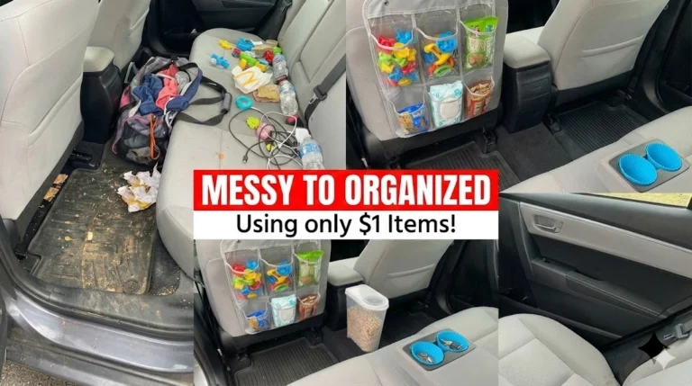 A high-quality car interior shot demonstrating Dollar tree car hacks, featuring a plastic cereal container repurposed as a trash bin and colorful silicone muffin liners placed inside cup holders for easy cleaning.