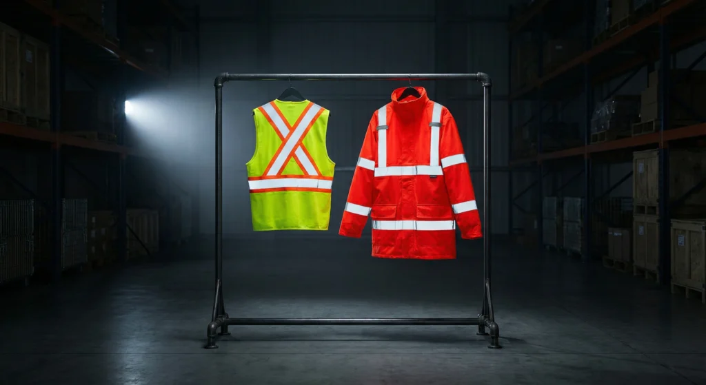 A side-by-side display of a sleeveless Class 2 hi-vis vest and a long-sleeved Class 3 hi-vis jacket hanging on a metal rack in a dark industrial room, illustrating the differences in ANSI ISEA 107 classes.