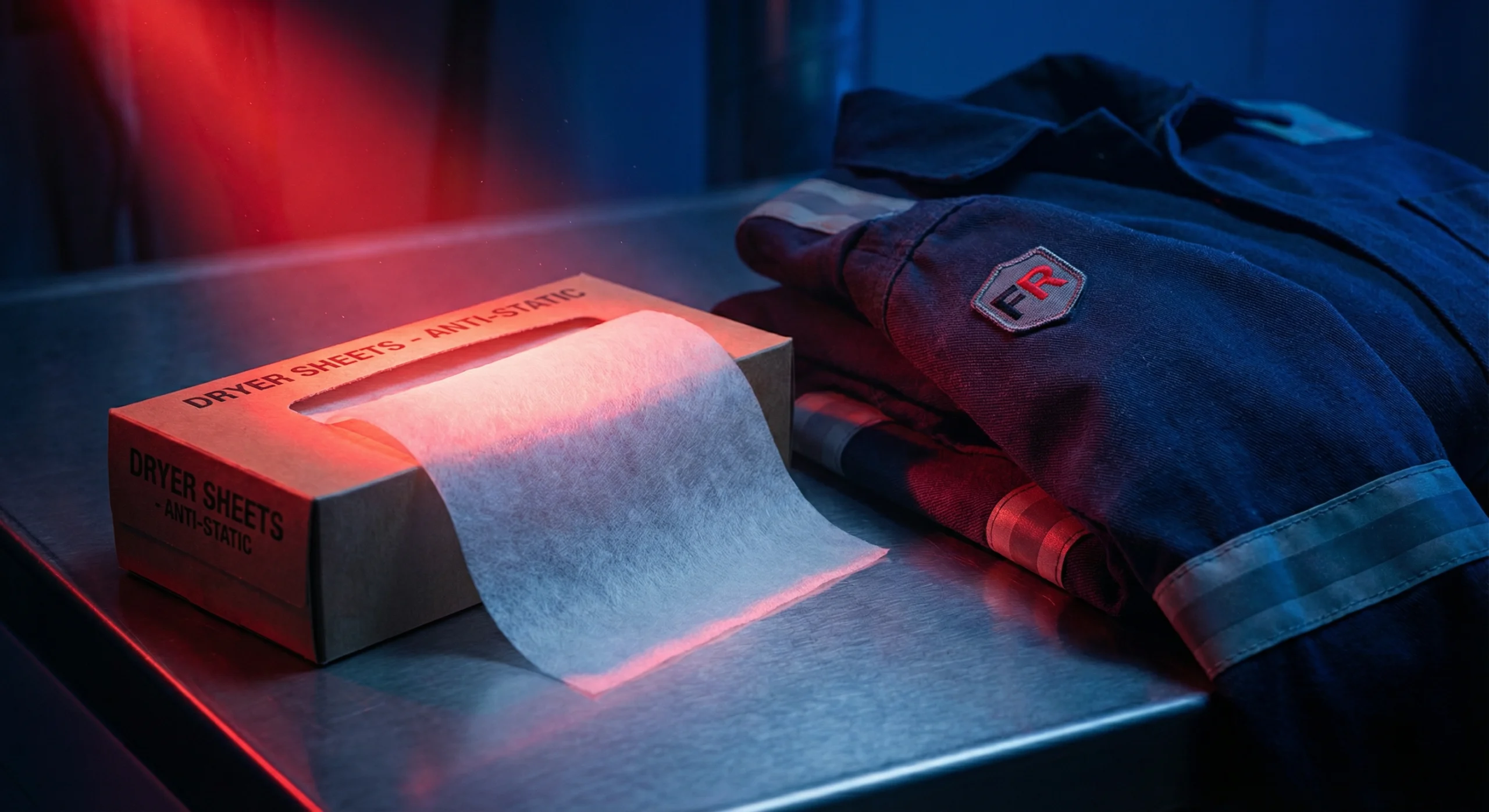 A close-up in a laundry room showing a box of dryer sheets with a red warning light shining on it, sitting on a dryer next to a dark FR work jacket, illustrating the risks of dryer sheets FR clothing.