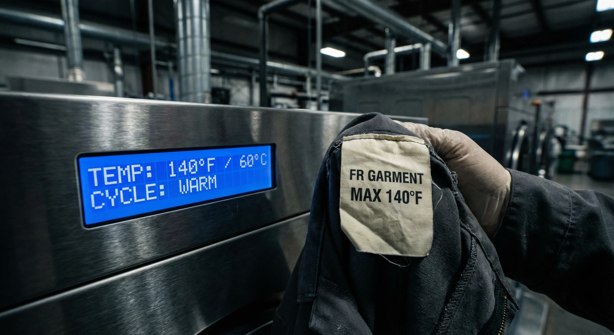 A close-up photograph of a digital washing machine display showing a temperature setting of "140°F / 60°C," with a worker holding an FR care label in the foreground, illustrating the best wash temperature for FR clothing.