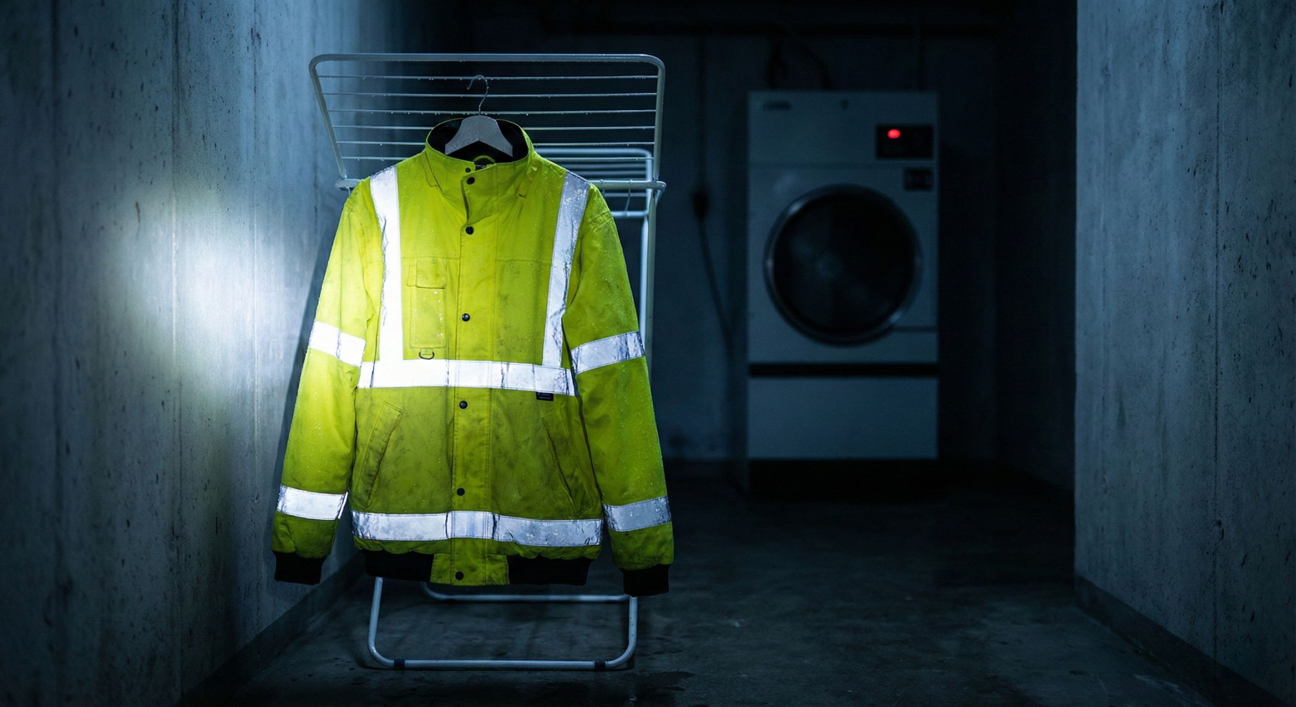 A cinematic shot of a fluorescent yellow hi-vis safety jacket hanging on a drying rack in a dimly lit utility room, with its reflective tape gleaming in a beam of light, illustrating the best way to dry hi vis clothing to avoid heat damage.