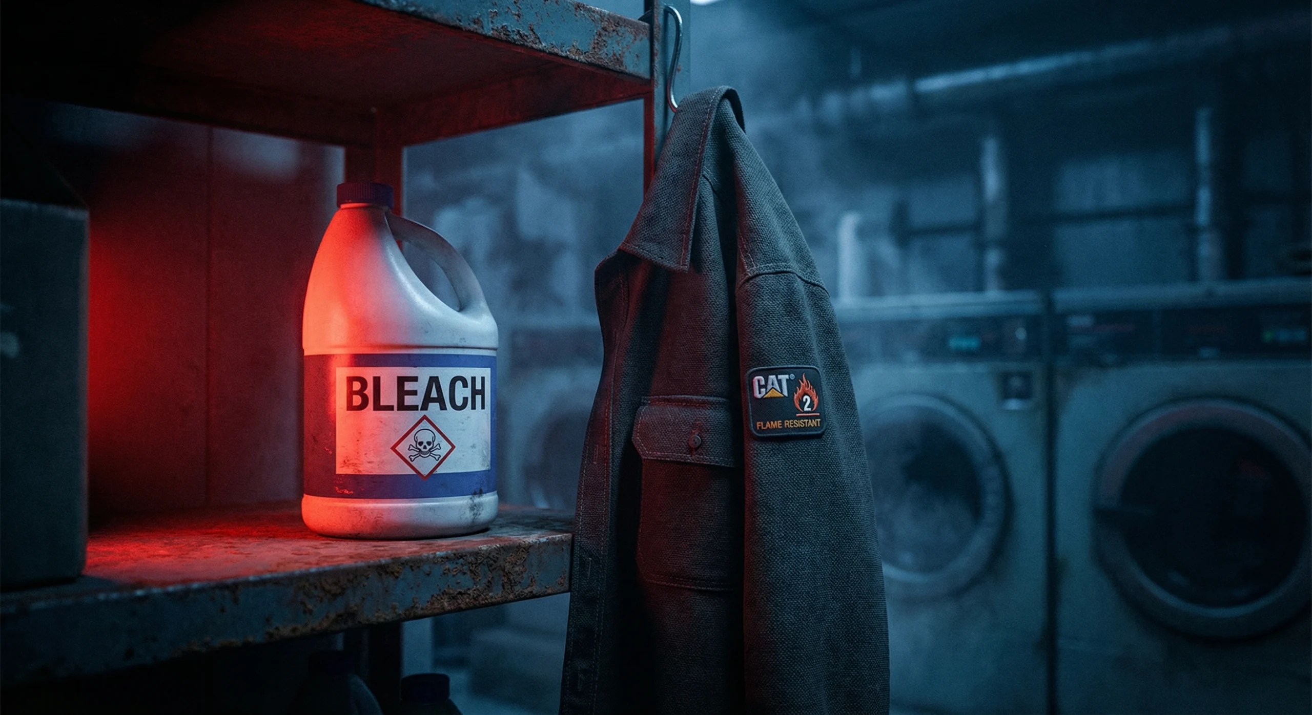 A dramatic industrial shot of a bottle of bleach sitting on a metal shelf next to a dark grey FR work shirt, illuminated by a red warning light, illustrating the danger of using bleach on FR clothing.