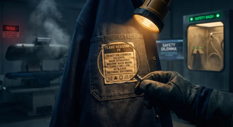 A close-up cinematic shot of a worker inspecting a care label on a heavy-duty FR jacket in a dimly lit industrial laundry room, highlighting the focus keyword dry clean FR clothing.