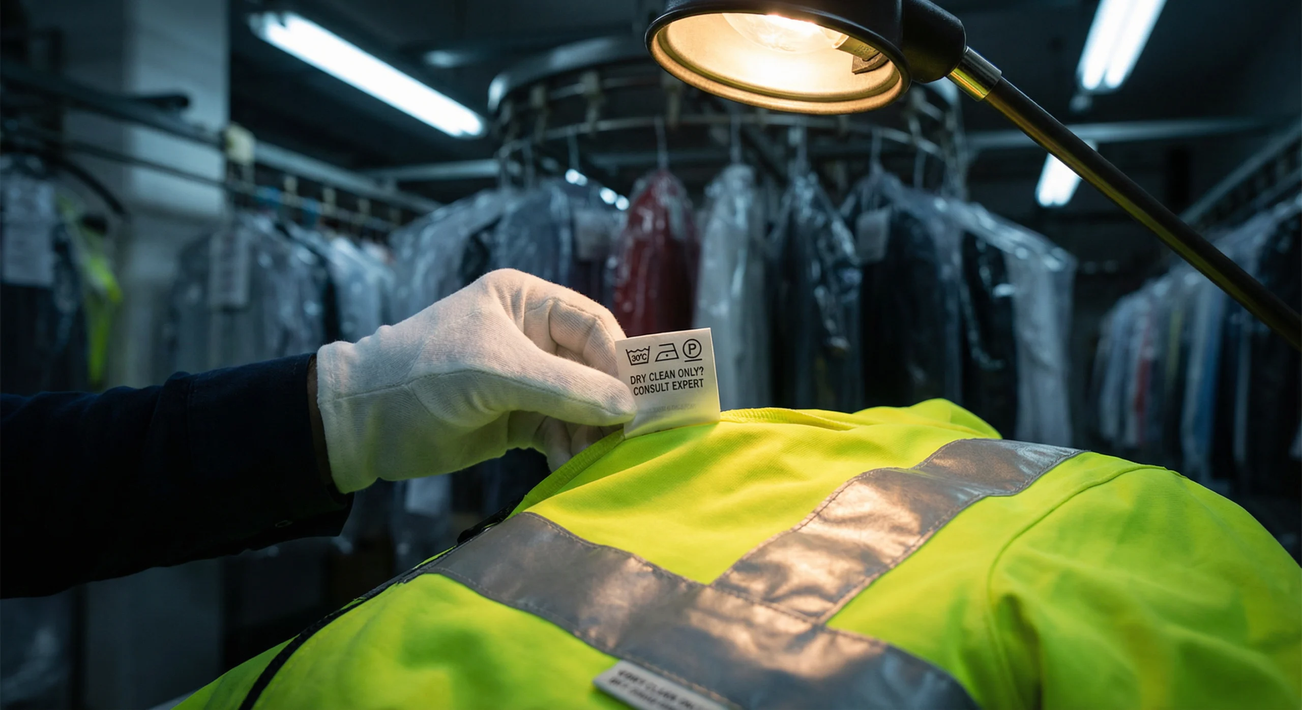 A close-up photograph inside a professional dry cleaning facility showing a worker inspecting the care label of a fluorescent yellow hi-vis jacket, illustrating the question of whether to dry clean hi vis clothing.