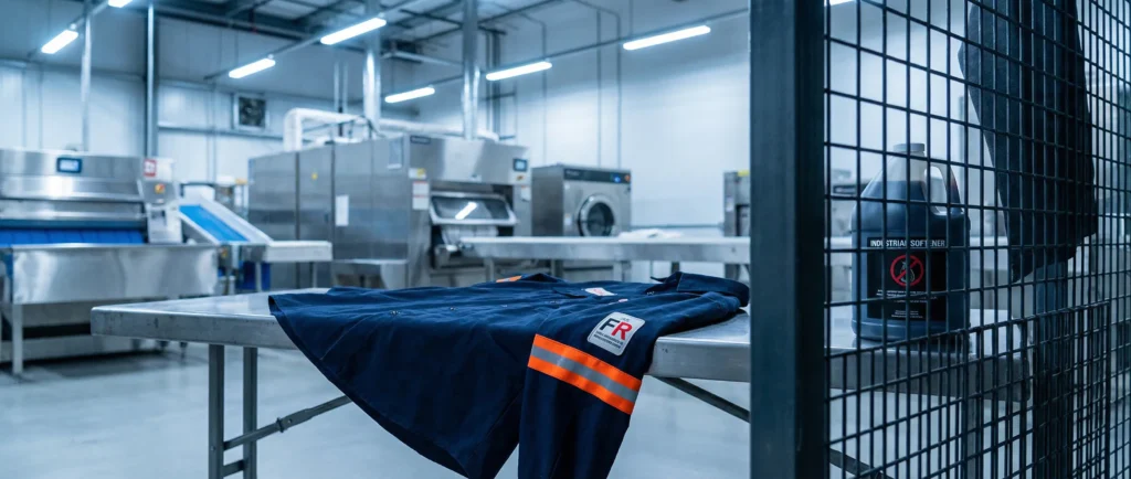 A close-up of an industrial FR work shirt with a safety tag, contrasting with a bottle of softener, illustrating the risks of using fabric softener on FR clothing
