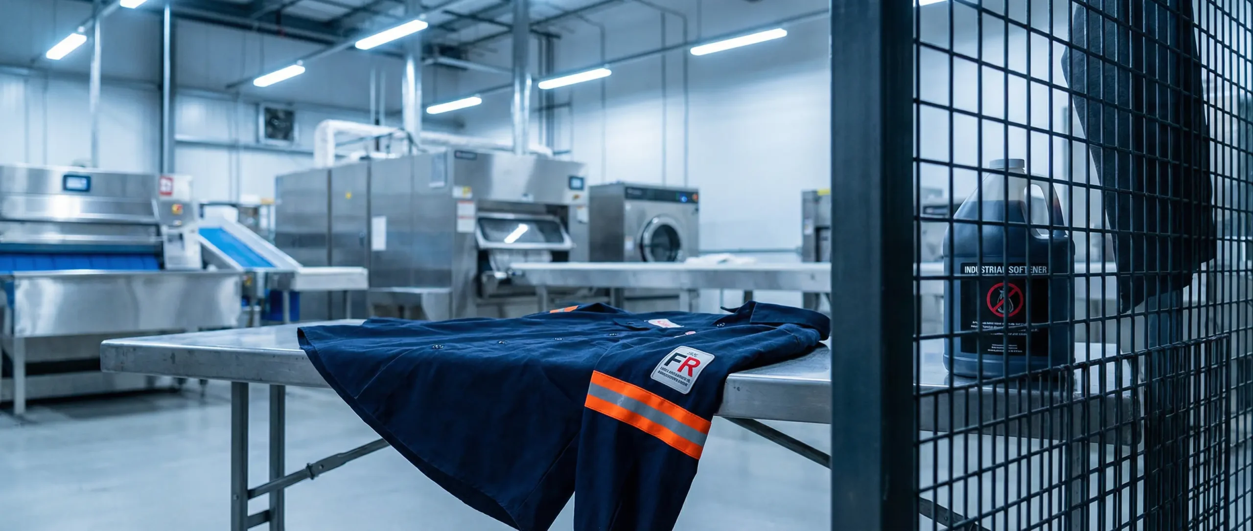 A close-up of an industrial FR work shirt with a safety tag, contrasting with a bottle of softener, illustrating the risks of using fabric softener on FR clothing