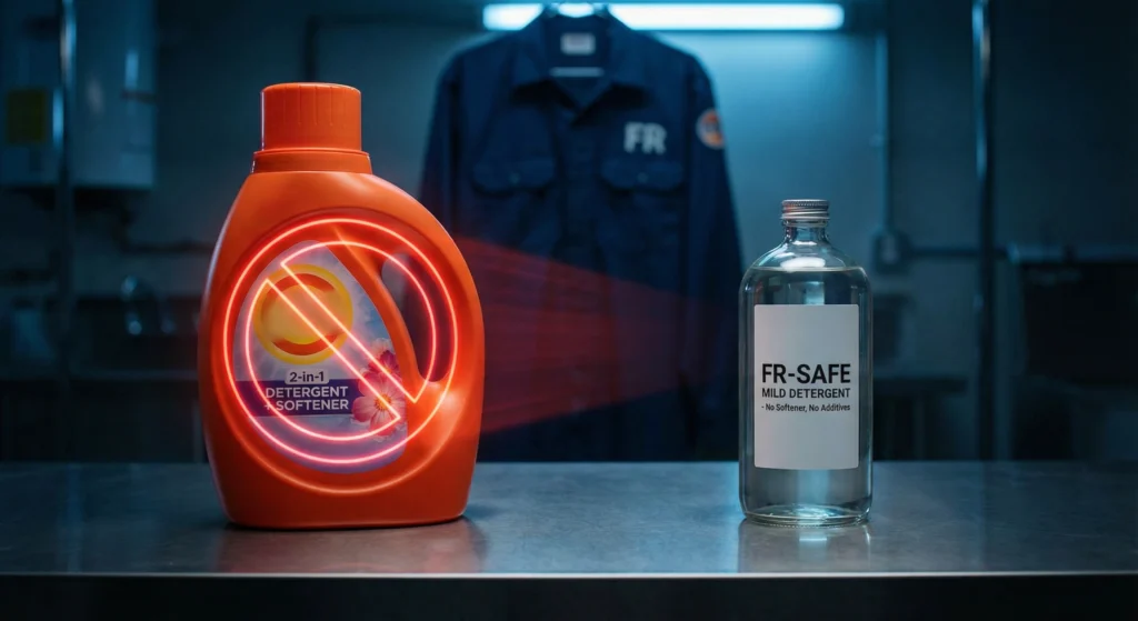 A close-up photograph in an industrial laundry room showing a bottle of "2-in-1 Detergent with Softener" with a red prohibition sign over it, next to a bottle of plain "FR-Safe Mild Detergent," illustrating the keyword detergent with fabric softener for FR clothing.
