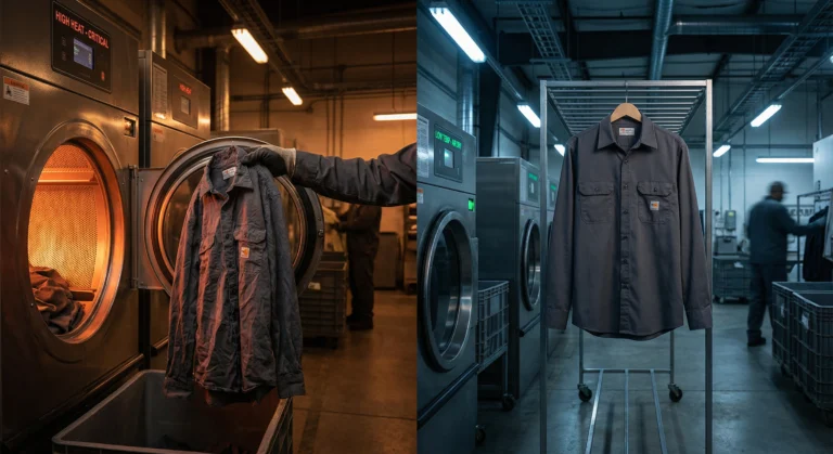 A split photograph in an industrial laundry setting showing a shrunken FR work shirt being pulled from a high-heat dryer on the left, contrasting with a full-sized FR shirt air-drying on a rack on the right, illustrating FR clothing shrinkage.
