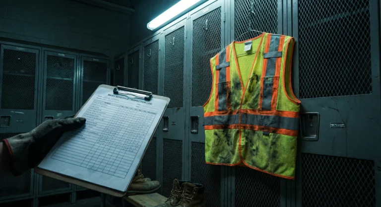 A close-up shot in a locker room showing a worker holding a "PPE Maintenance Schedule" clipboard next to a heavily soiled hi-vis vest, illustrating how often to wash hi vis clothing.
