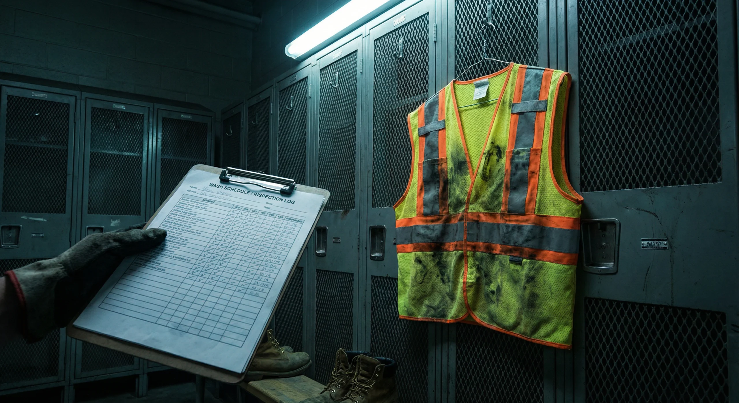 A close-up shot in a locker room showing a worker holding a "PPE Maintenance Schedule" clipboard next to a heavily soiled hi-vis vest, illustrating how often to wash hi vis clothing.