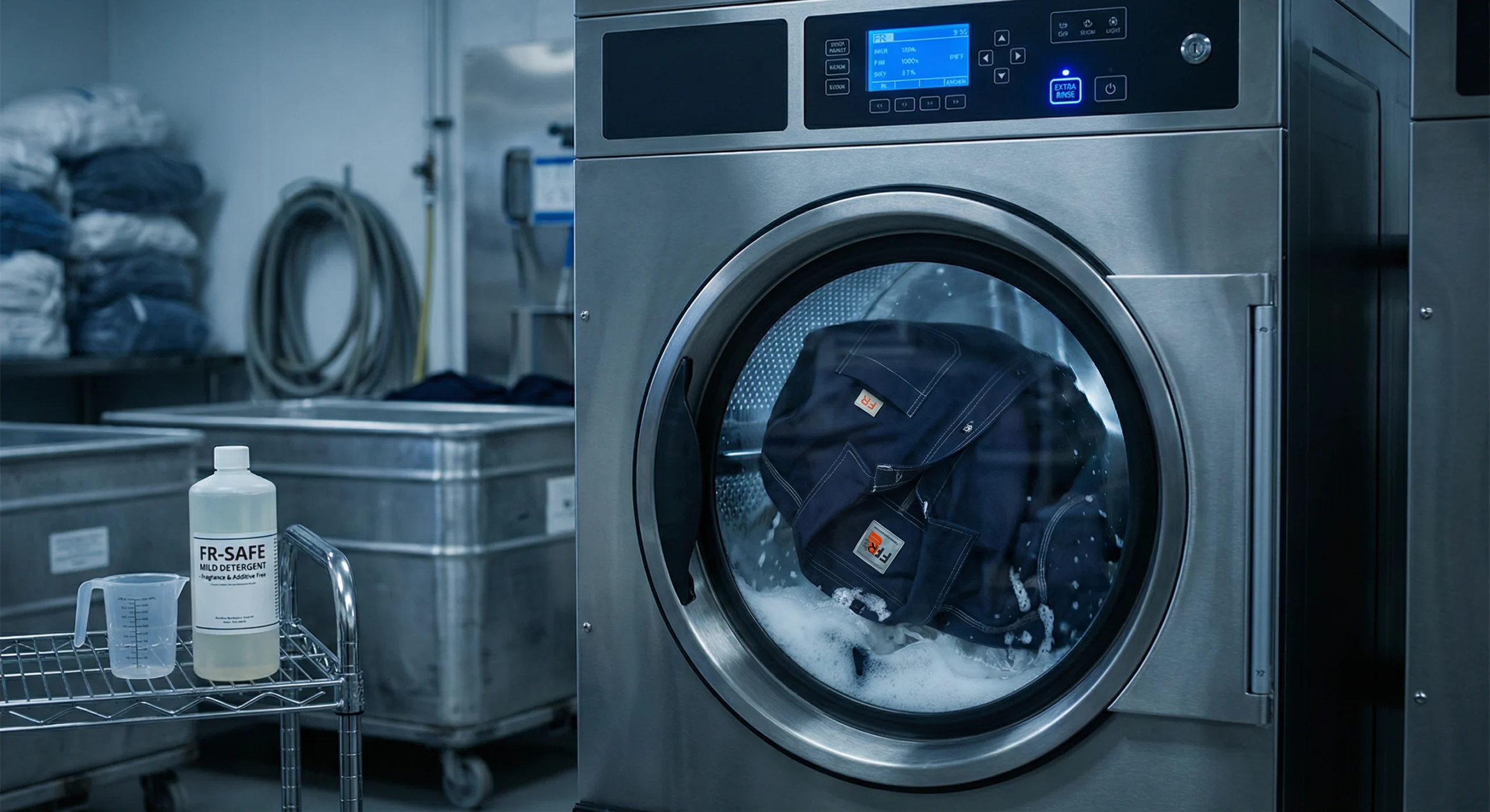 A close-up photograph in an industrial laundry room showing a dark FR work shirt being washed inside-out in a front-loading machine, with a bottle of fragrance-free mild detergent and a "Double Rinse" button illuminated, illustrating how to remove sweat odor from FR clothing.