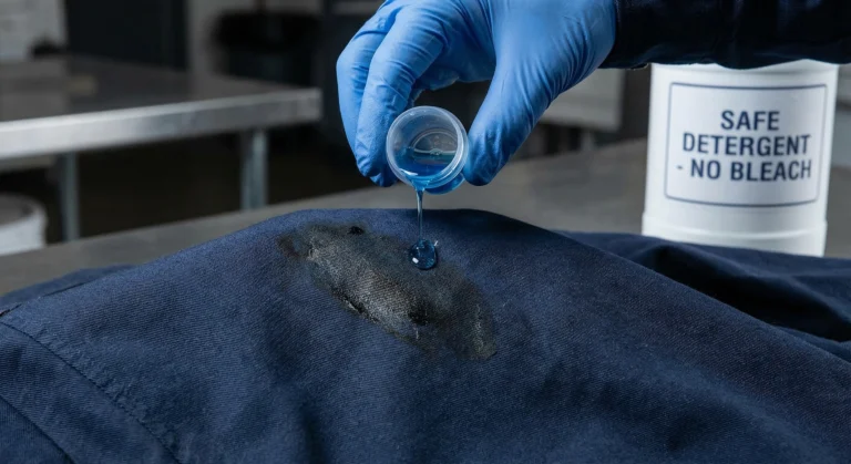 A macro photograph in an industrial laundry room showing a gloved hand applying liquid detergent directly onto a grease stain on a dark FR work shirt, illustrating the safe way to pre-treat stains on FR clothing.