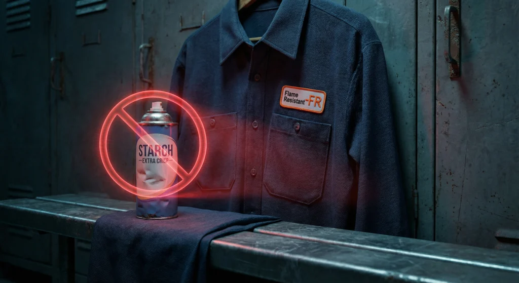 A close-up industrial shot of a spray starch can with a glowing red prohibition symbol over it, positioned next to a navy blue FR work shirt, illustrating the danger of using starch on FR clothing.