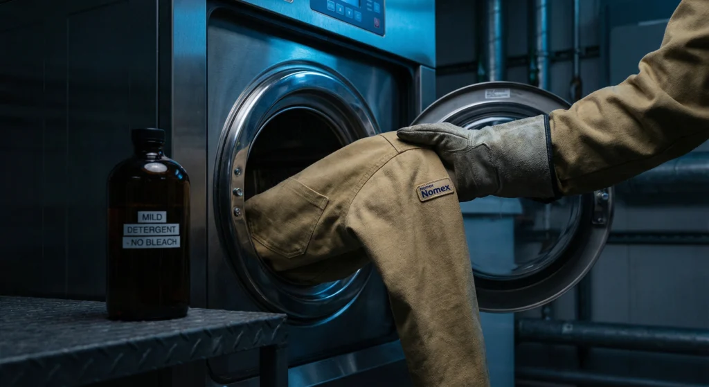 A close-up shot in an industrial laundry room showing a worker preparing to wash Nomex clothing, holding a tan Nomex work shirt next to a bottle of mild detergent, with a washing machine in the background.