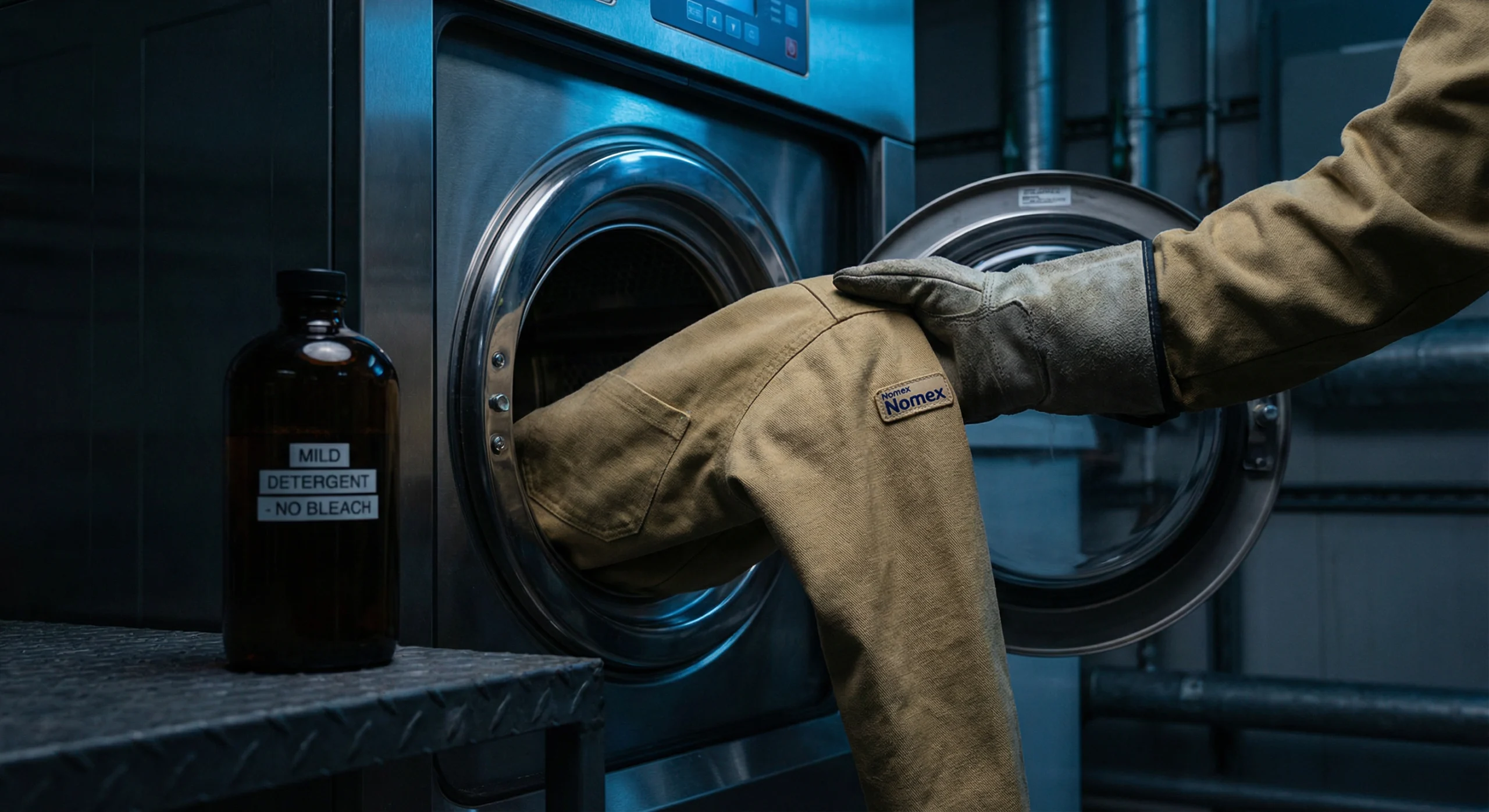 A close-up shot in an industrial laundry room showing a worker preparing to wash Nomex clothing, holding a tan Nomex work shirt next to a bottle of mild detergent, with a washing machine in the background.