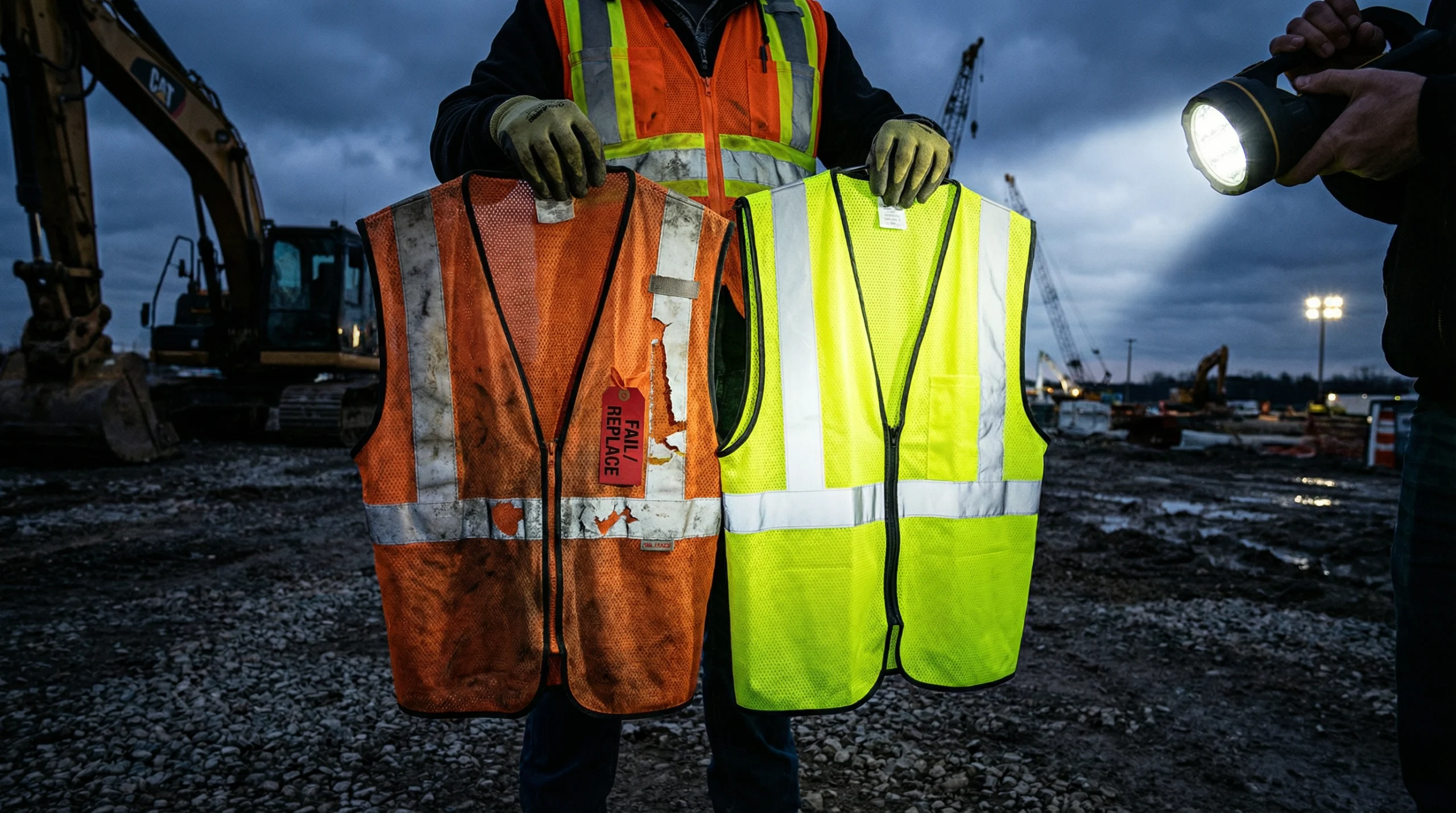 A side-by-side comparison photograph taken at dusk on a construction site, showing a worn, faded hi-vis vest with cracked tape next to a brand new, bright hi-vis vest, illustrating critical signs of when to replace hi vis clothing.