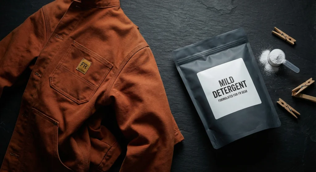 A pack of mild laundry detergent placed next to a folded flame-resistant work shirt, illustrating the best detergent for FR clothing choice that avoids bleach and softeners
