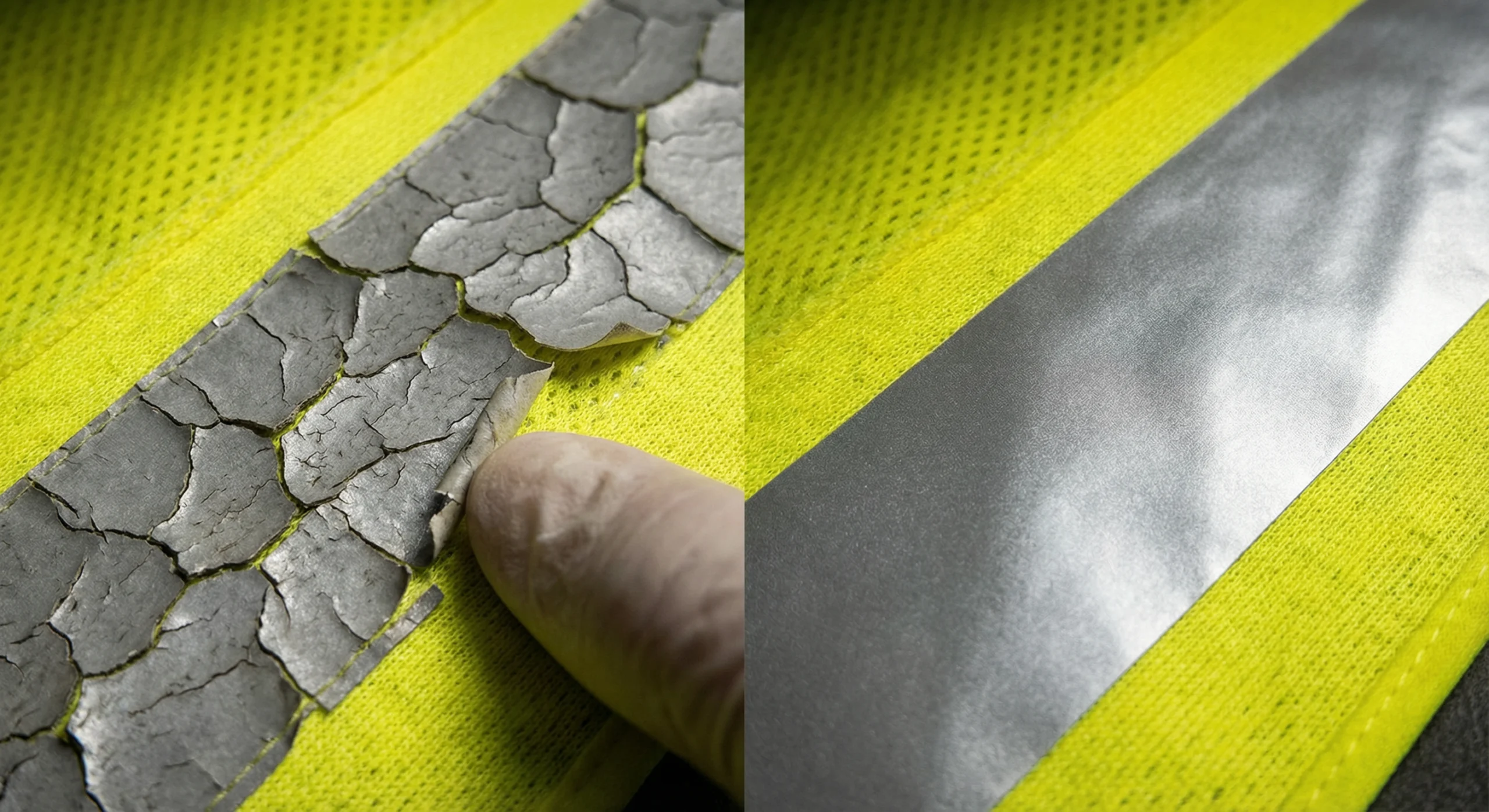 A detailed close-up comparison showing damaged high-visibility gear with reflective tape peeling or cracking on one side versus intact tape on the other, illustrating signs of failure.