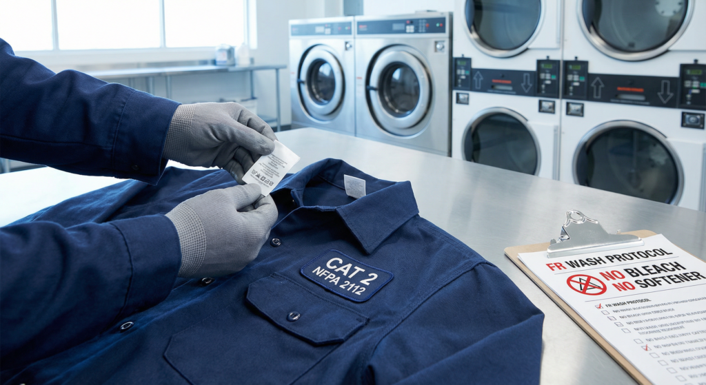 A professional industrial setting showing a close-up of an fr-clothing-care-guide-washing-rules label being inspected, illustrating proper FR clothing care protocols.