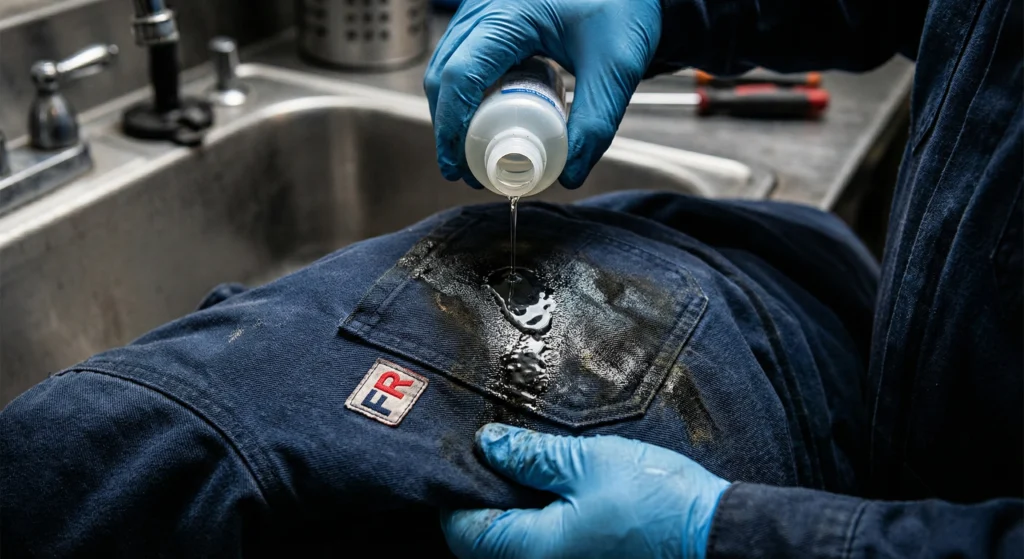 A close-up of a worker applying detergent to an oil-stained FR garment, demonstrating how to remove diesel smell from FR clothing safely.