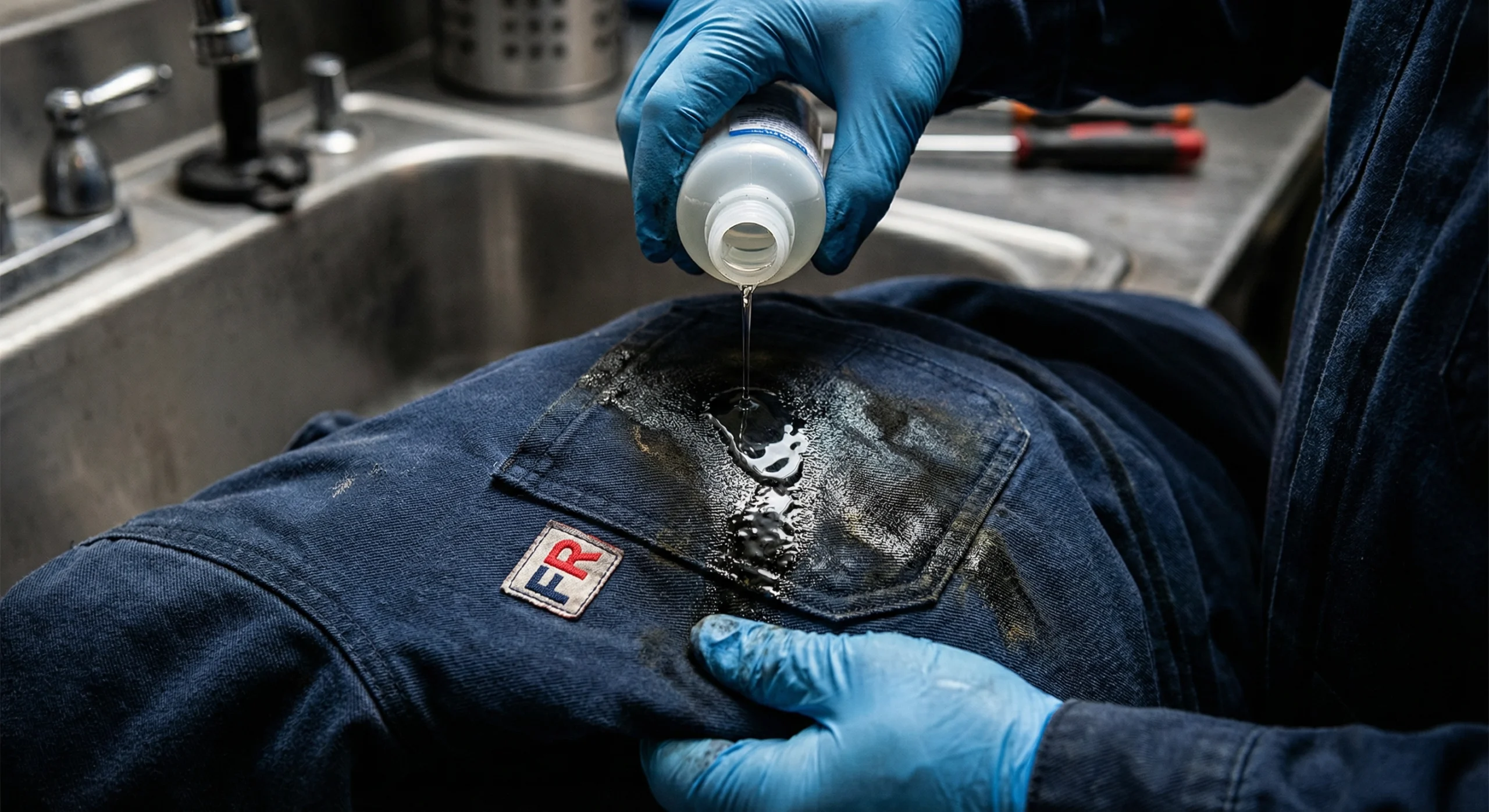 A close-up of a worker applying detergent to an oil-stained FR garment, demonstrating how to remove diesel smell from FR clothing safely.