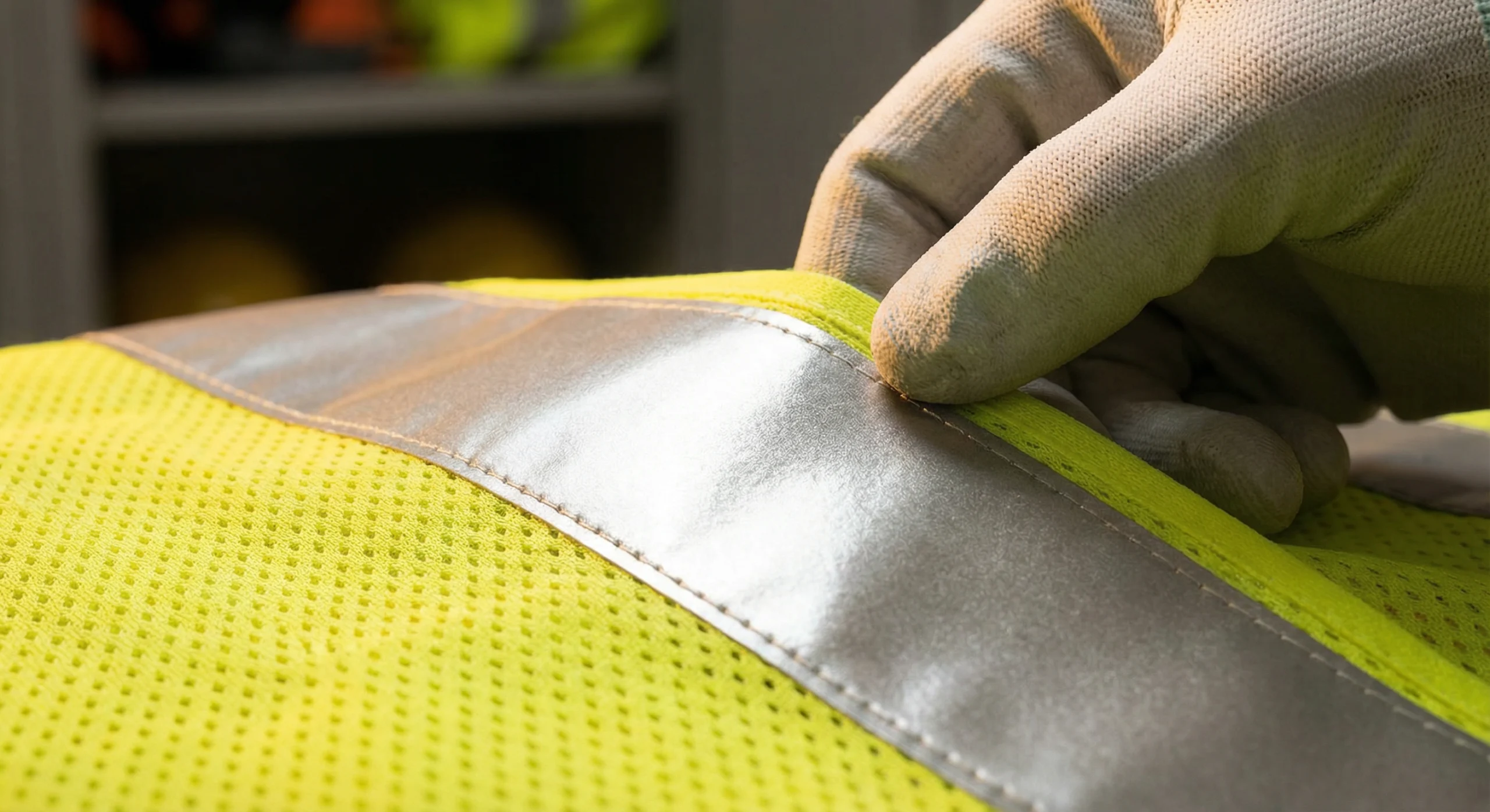 A detailed close-up of a worker inspecting the silver reflective tape on a bright yellow safety vest for cracking or peeling, illustrating proper Hi-Vis Workwear Care