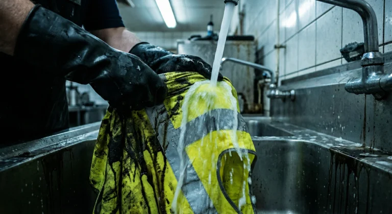 A close-up industrial shot showing a heavily soiled, oil-stained hi-vis vest being sprayed with water in a wash basin, illustrating how to wash hi-vis oil grease safely.