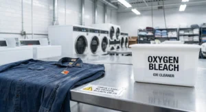 oxygen bleach on fr clothing risks laundry room scene showing a bottle of oxygen bleach next to a flame-resistant work shirt, illustrating why using oxygen bleach on FR clothing is often prohibited