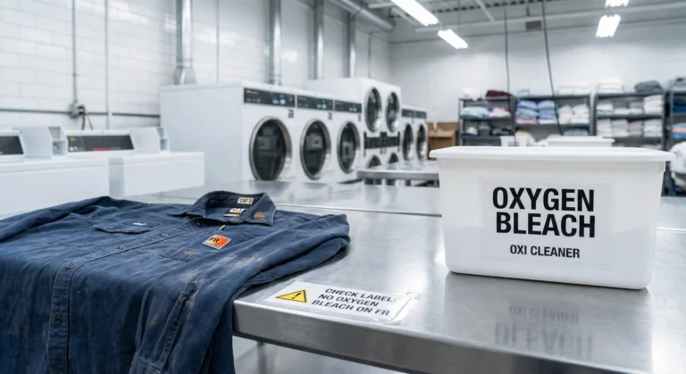 laundry room scene showing a bottle of oxygen bleach next to a flame-resistant work shirt, illustrating why using oxygen bleach on FR clothing is often prohibited