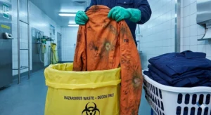 ppe decontamination guide wash vs retire A safety professional wearing protective gloves placing a chemically contaminated FR jacket into a hazardous containment bag, illustrating the PPE decontamination guide protocols.