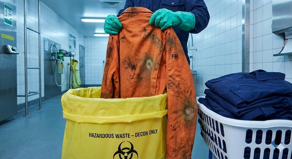 A safety professional wearing protective gloves placing a chemically contaminated FR jacket into a hazardous containment bag, illustrating the PPE decontamination guide protocols.