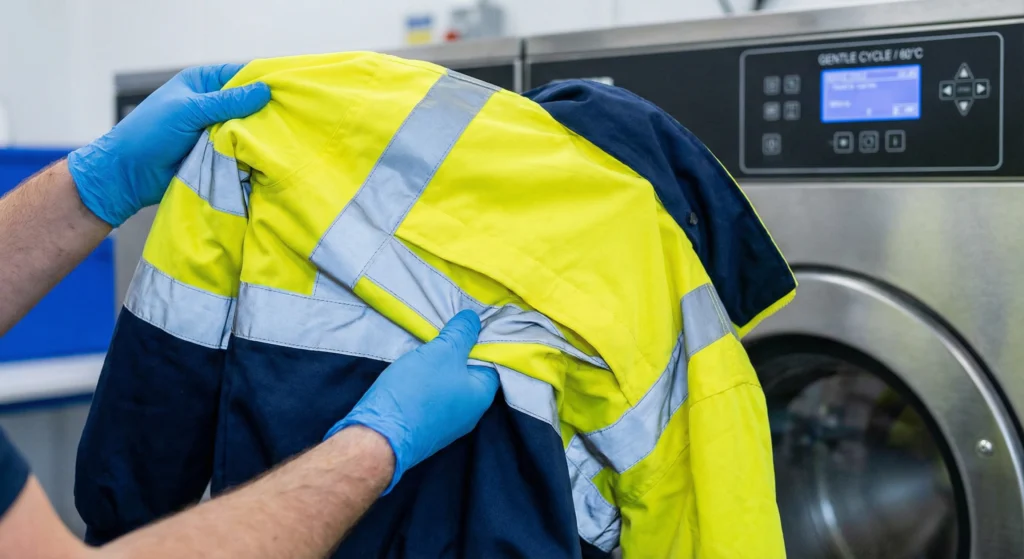 A worker turning a high-visibility flame-resistant jacket inside out before laundering, demonstrating the correct method to wash FR + Hi-Vis workwear and protect reflective tape