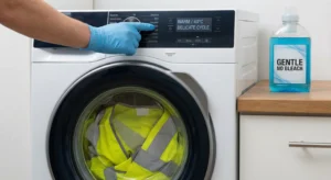 wash hi vis clothing without ruining reflective tape A close-up view of a modern washing machine dial being set to a cool temperature, with a bright yellow high-visibility vest visible inside the drum turned inside out, illustrating how to wash hi-vis clothing without ruining reflective tape.