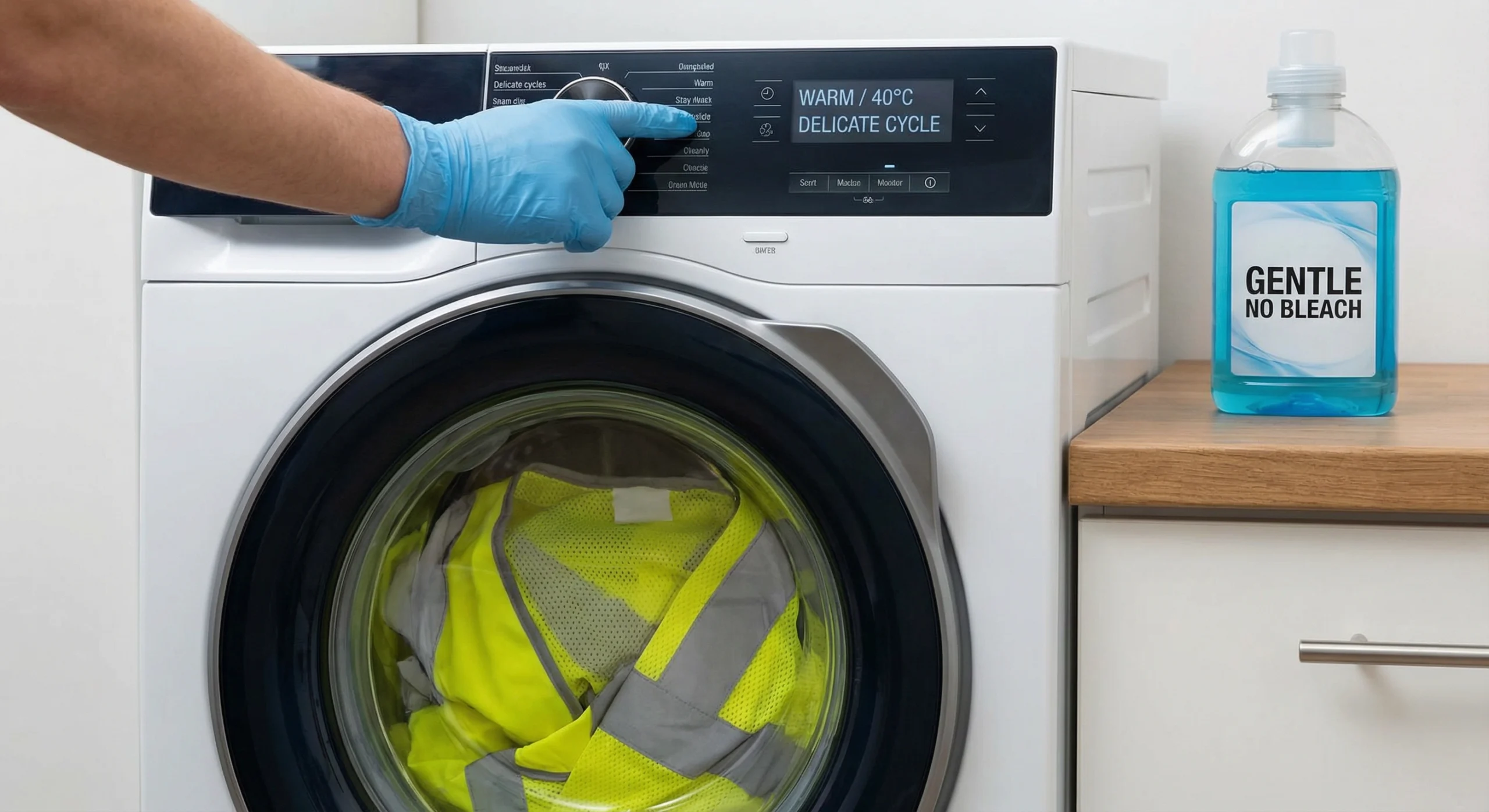 A close-up view of a modern washing machine dial being set to a cool temperature, with a bright yellow high-visibility vest visible inside the drum turned inside out, illustrating how to wash hi-vis clothing without ruining reflective tape.