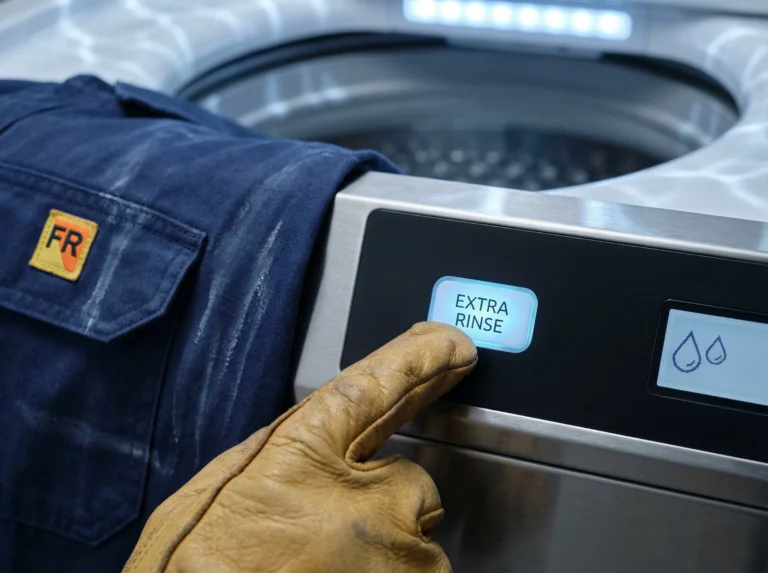 close-up of a washing machine control panel highlighting the "Extra Rinse" setting, with a dark FR work shirt visible, illustrating the best practice for How to wash FR clothing in hard water