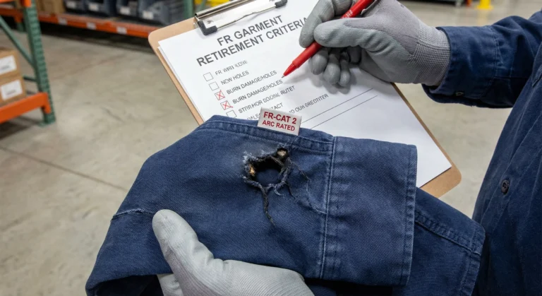 A close-up of a safety officer inspecting a damaged FR work shirt with burn holes and frayed cuffs, determining when to replace FR clothing