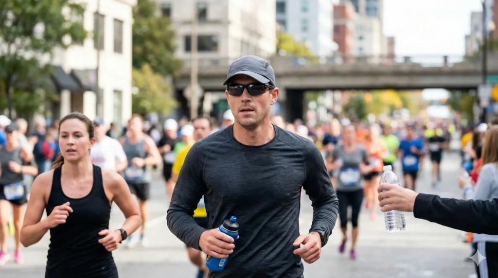 nyc marathon lottery street runners Determined runners taking water from a spectator during a crowded city race, capturing the excitement of winning the nyc marathon lottery
