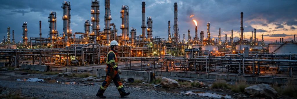Oil refinery at dusk with worker in flame-resistant protective clothing