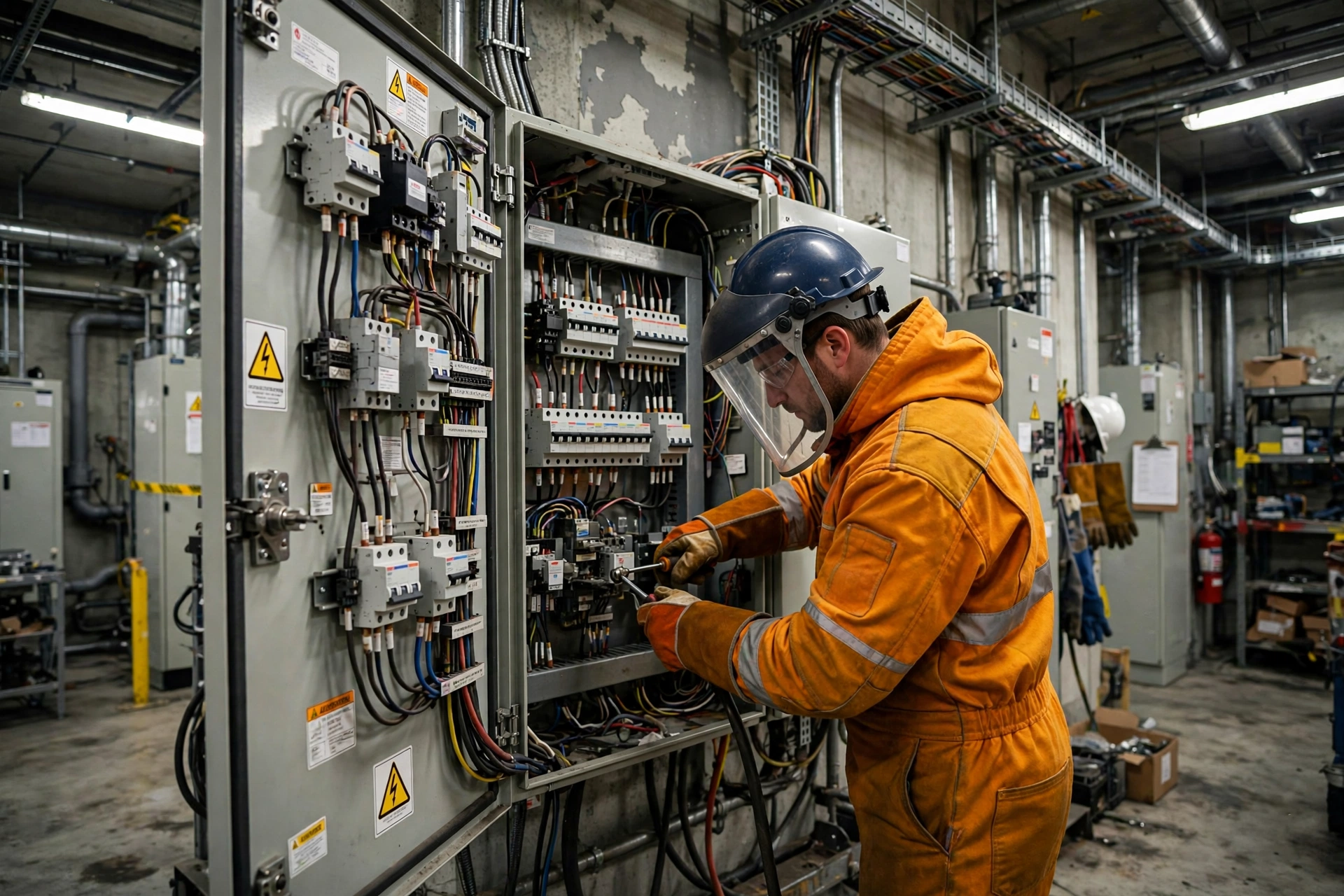 Electrician in arc-flash protective gear working on an industrial electrical panel