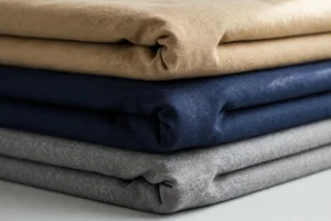 Folded flame-resistant workwear fabrics showing texture detail